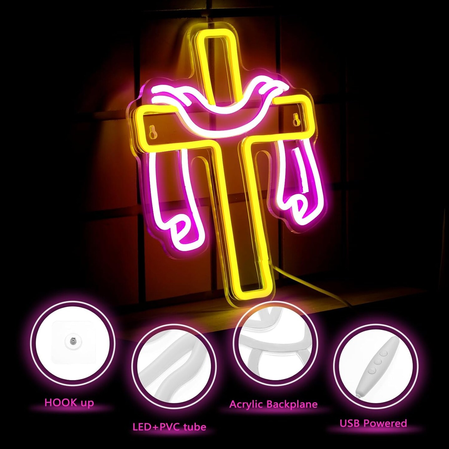 Easter Cross Neon Sign Jesus Neon Lights Signs Religious LED Light Easter Decorations for Wall Decor Christian Neon Sign for Home Bedroom Cafe Office Birthday Gift Supplies, 13.78 x 9.84 Inch