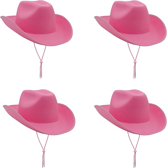 4E&#x2019;s Novelty 4 Pack Pink Cowgirl Hat - Felt Cowboy Hats w/ Chin Strap - Western Theme Party, Kids Size