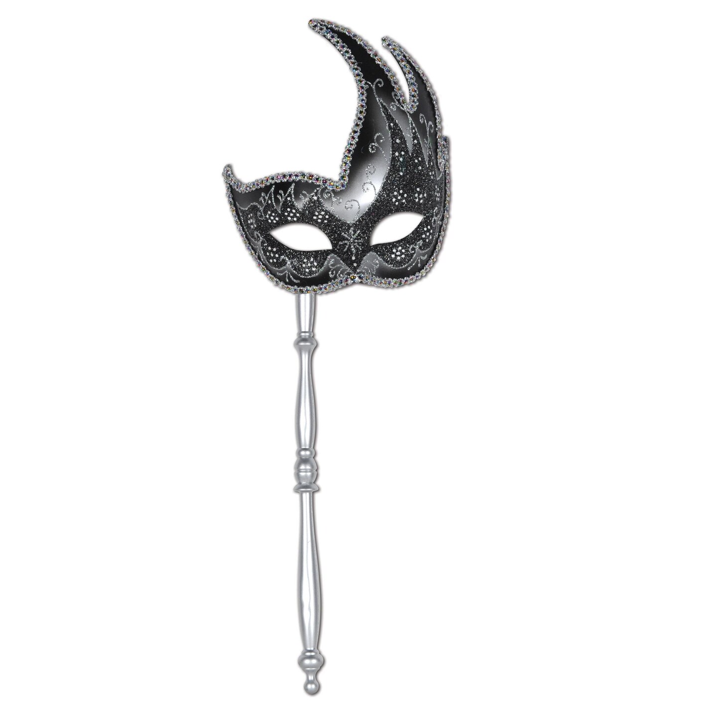 12 Pack Beistle Mardi Gras Glittered Mask with Stick - silver - sticks attached