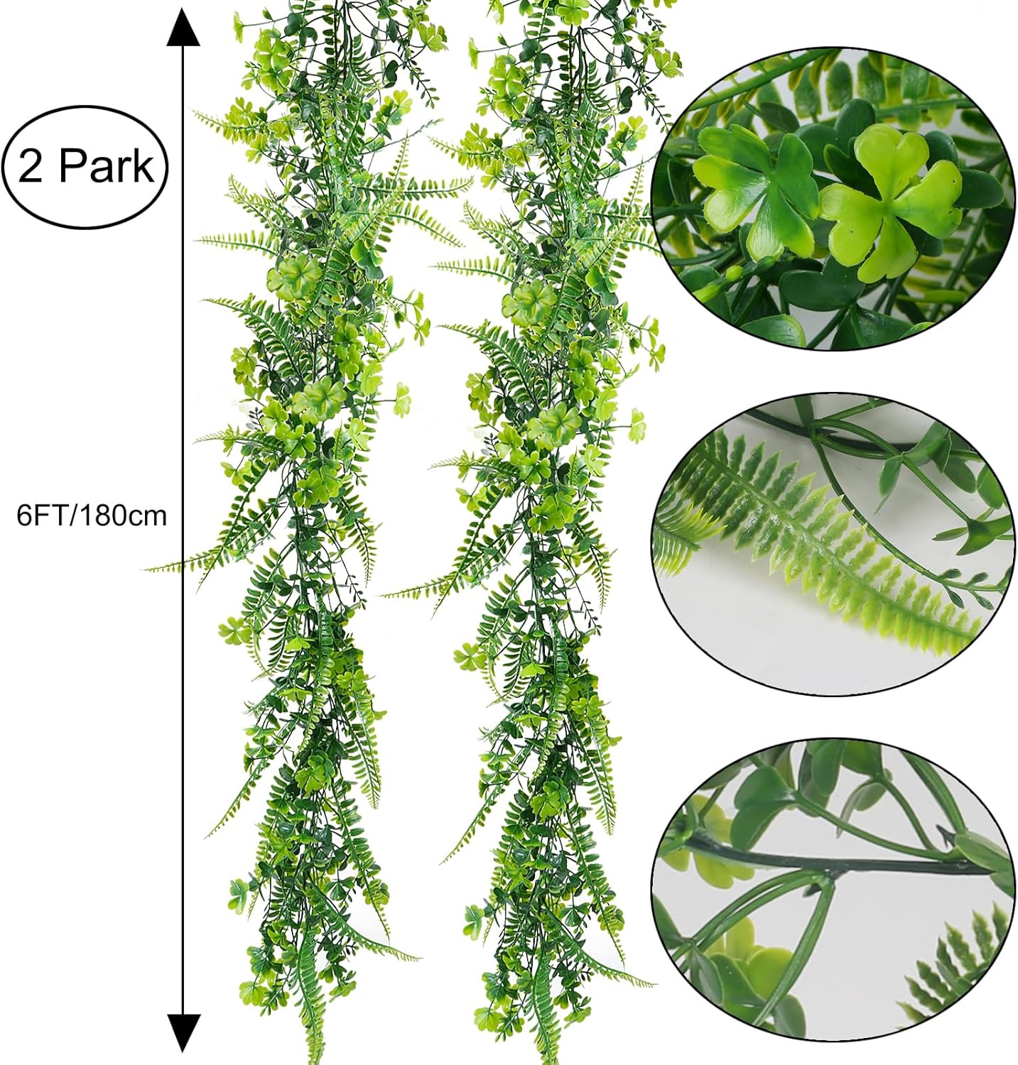 2 Pack 11.5Ft St Patricks Day Garland Shamrock Clover Plants Faux Greenery Garland with Fern Artificial Ivy Vines Garland for Spring Home Indoor Outdoor Wall Garden Front Door Decor