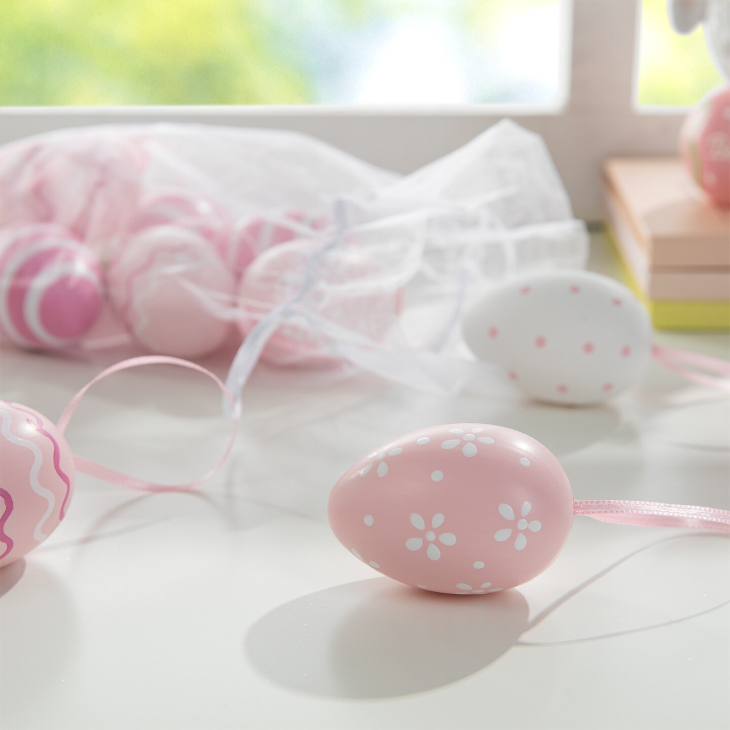 48 PCS 2.25"H Blue and Pink Easter Plastic Eggs, 24 of Each in Gauze Bag