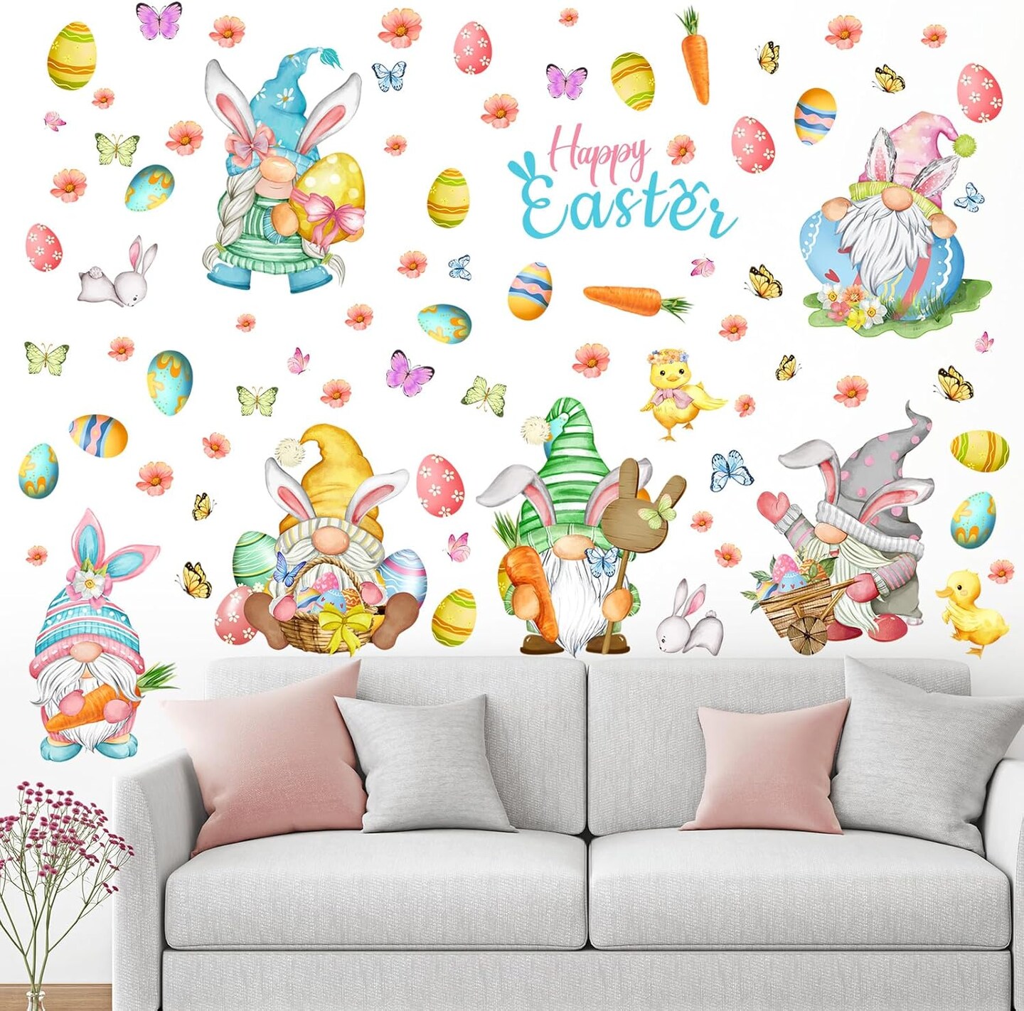 89PCS Easter Wall Stickers – 6 Sheets of Colorful Eggs, Bunnies & Flowers for Home, Office & Party Decor