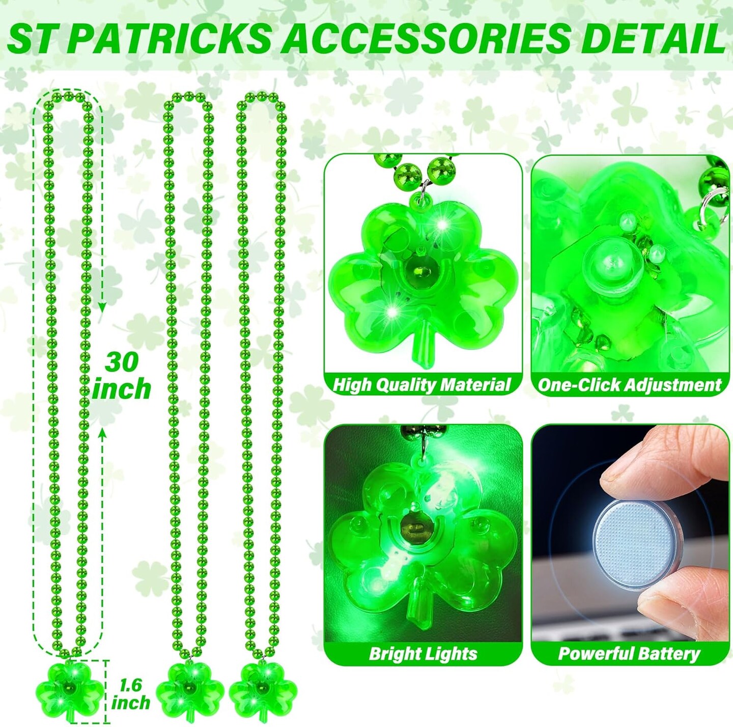 St Patricks Day Beads Accessories, 12PCS Light up St. Patrick's Day Green Beads