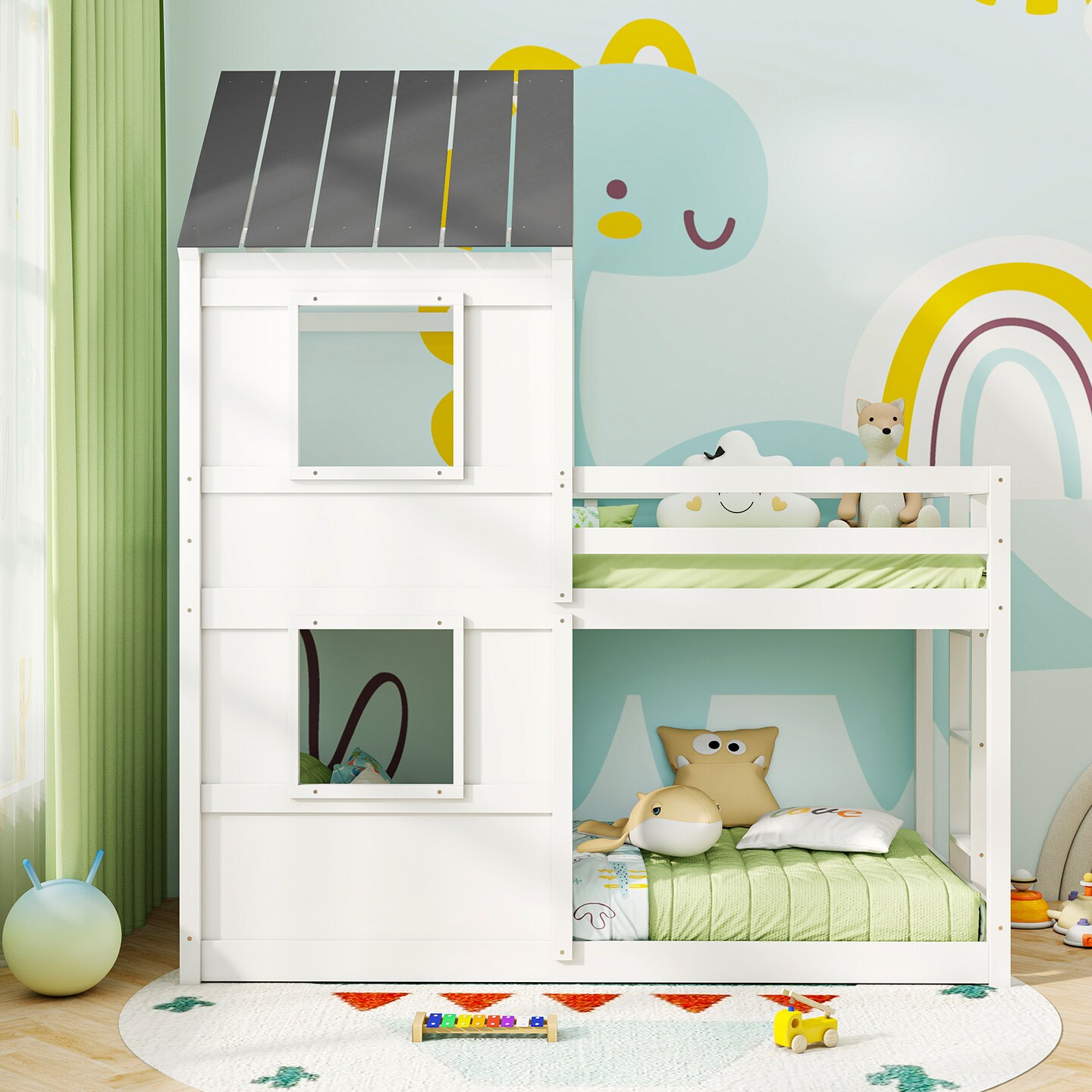 Wooden  Twin Over Twin Bunk Bed with Full-length Safety Guardrail and Ladder-White and Gray