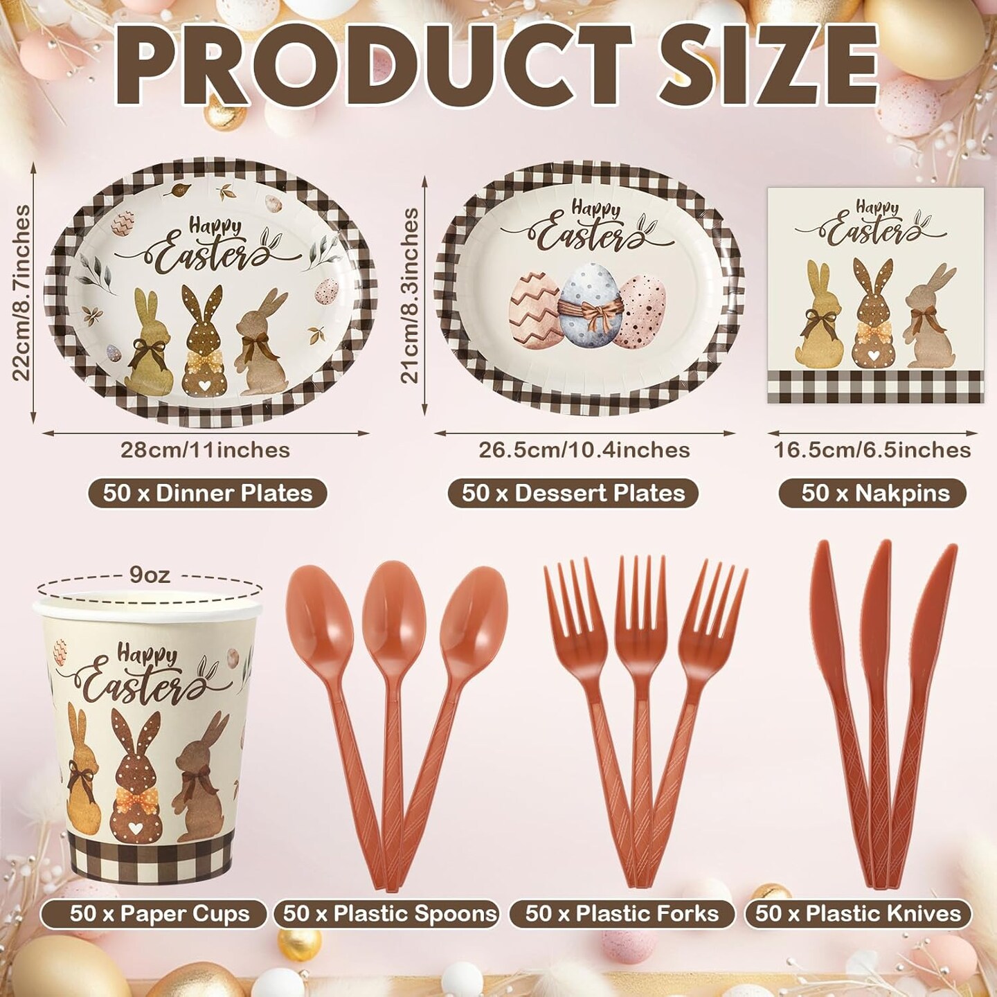 350 Pcs Easter Bunny Party Supplies Happy Easter Disposable Tableware Set Buffalo Plaids Eggs Oval Paper Plates Cups Napkins Fork Knife Spoon for Spring Party Table Decorations(Bunny)