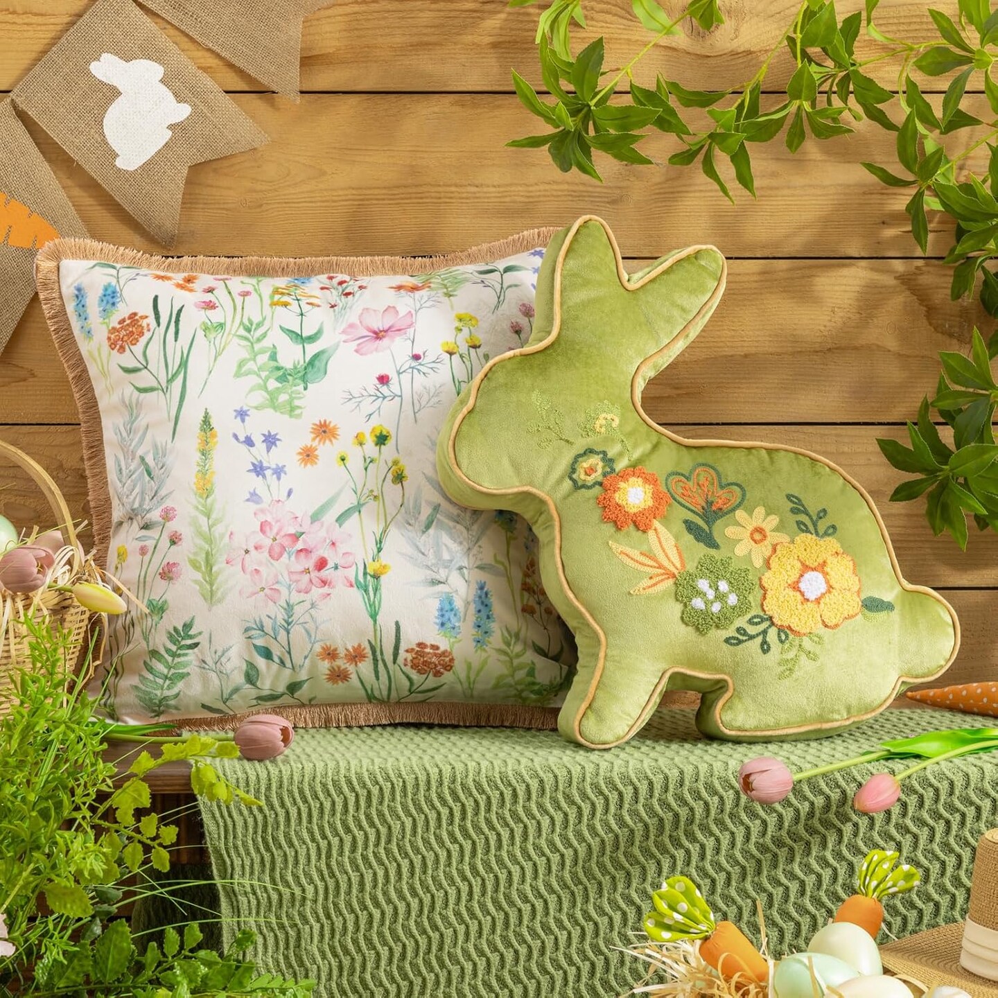Happy Easter Bunny Shaped Throw Pillow, Embroidered Floral Patterns Cushion Soft Velvet Easter Rabbit