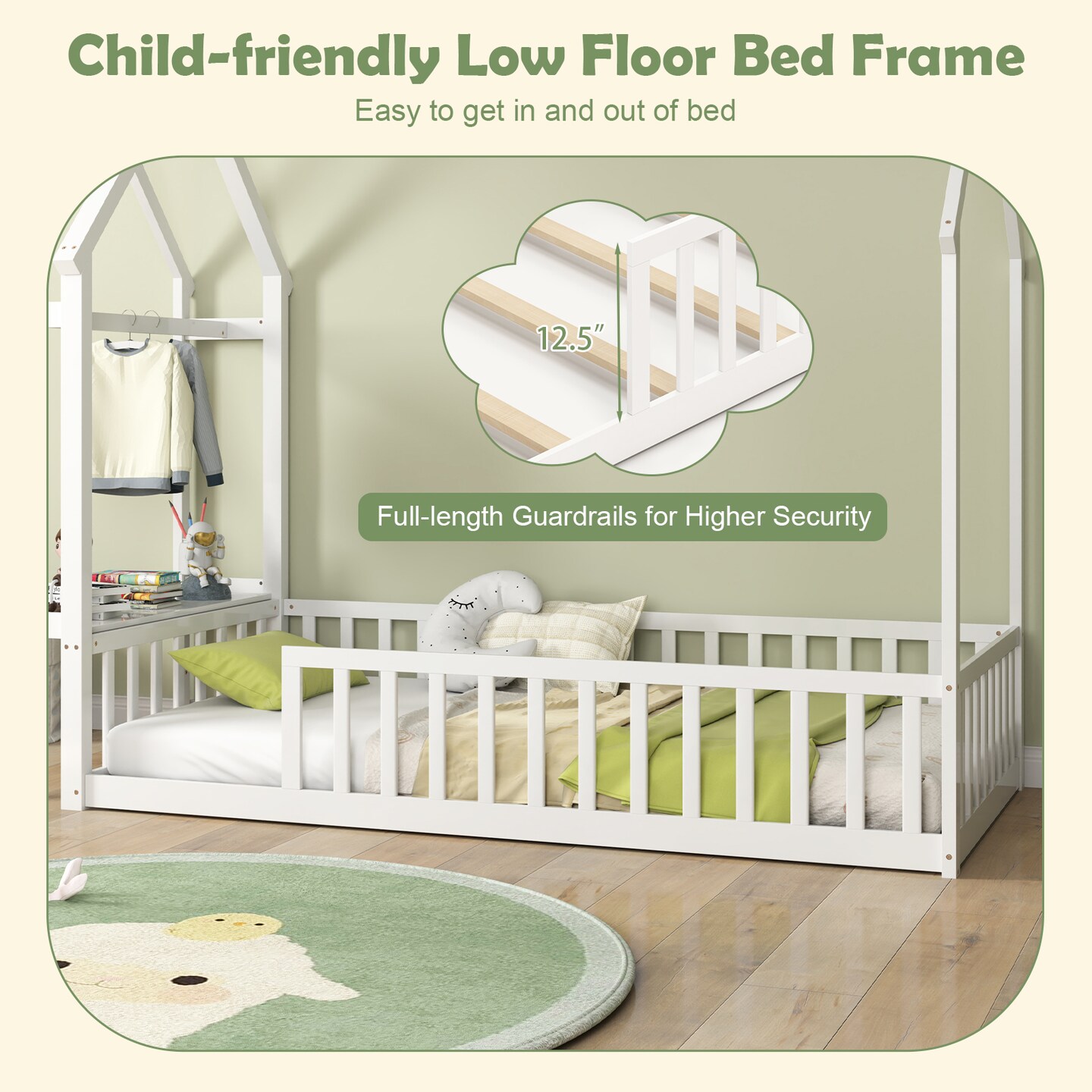 Twin House Floor Bed Montessori Bed Frame with Storage Shelf-White