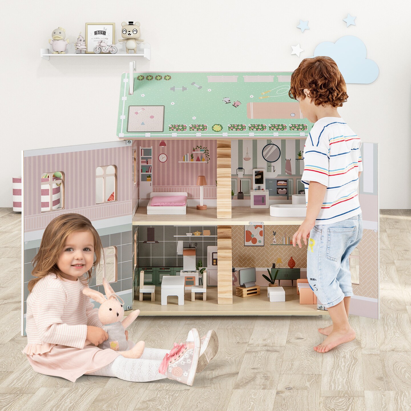 Kids Wooden Dollhouse 3 Level with Double-Sided Roofs and Doors-Pink