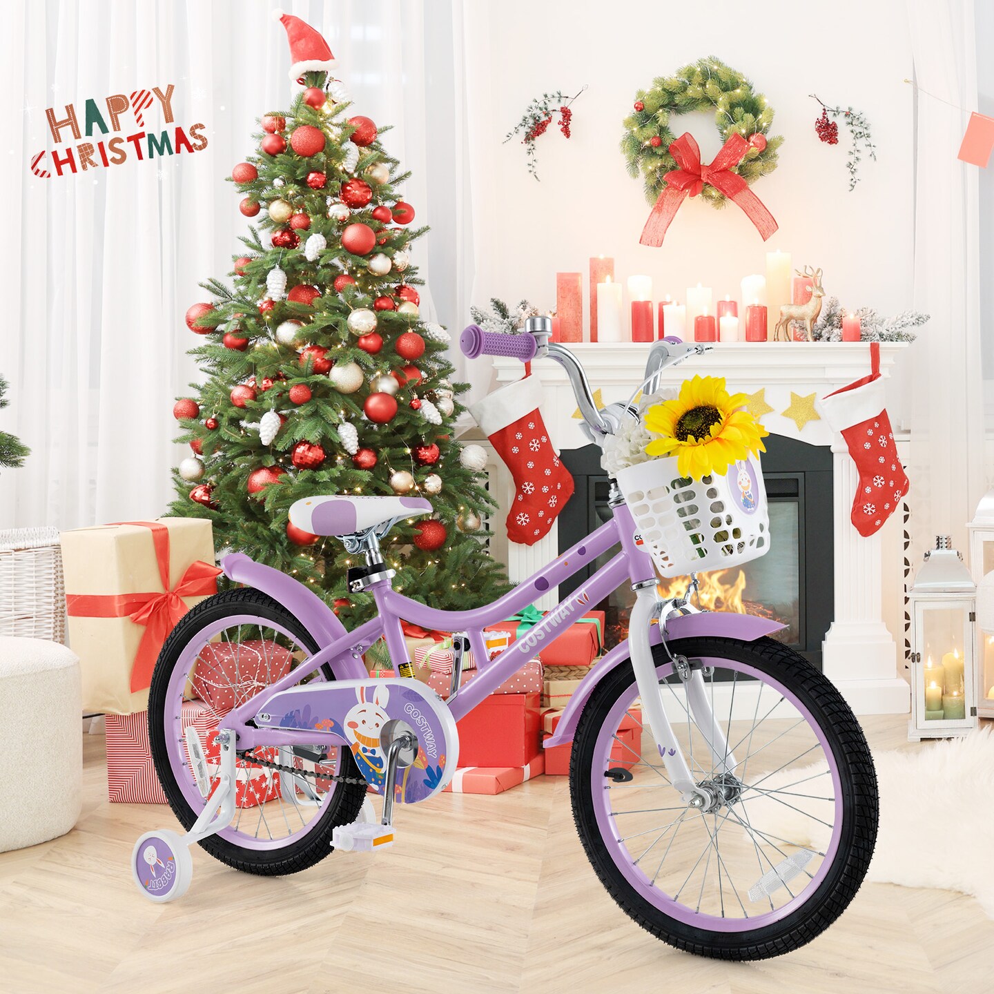 18 Inch Pink Girl Bike with Basket, Detachable Training Wheels for Kids 4-8 Years Old