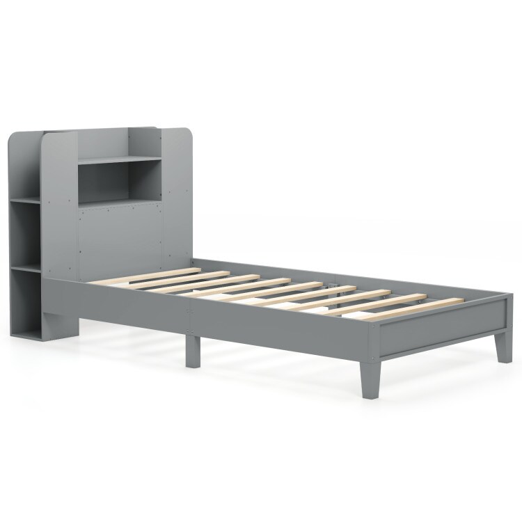 Wooden Twin Bed Frame with Bookcase Headboard Storage Shelves and Under-bed Space