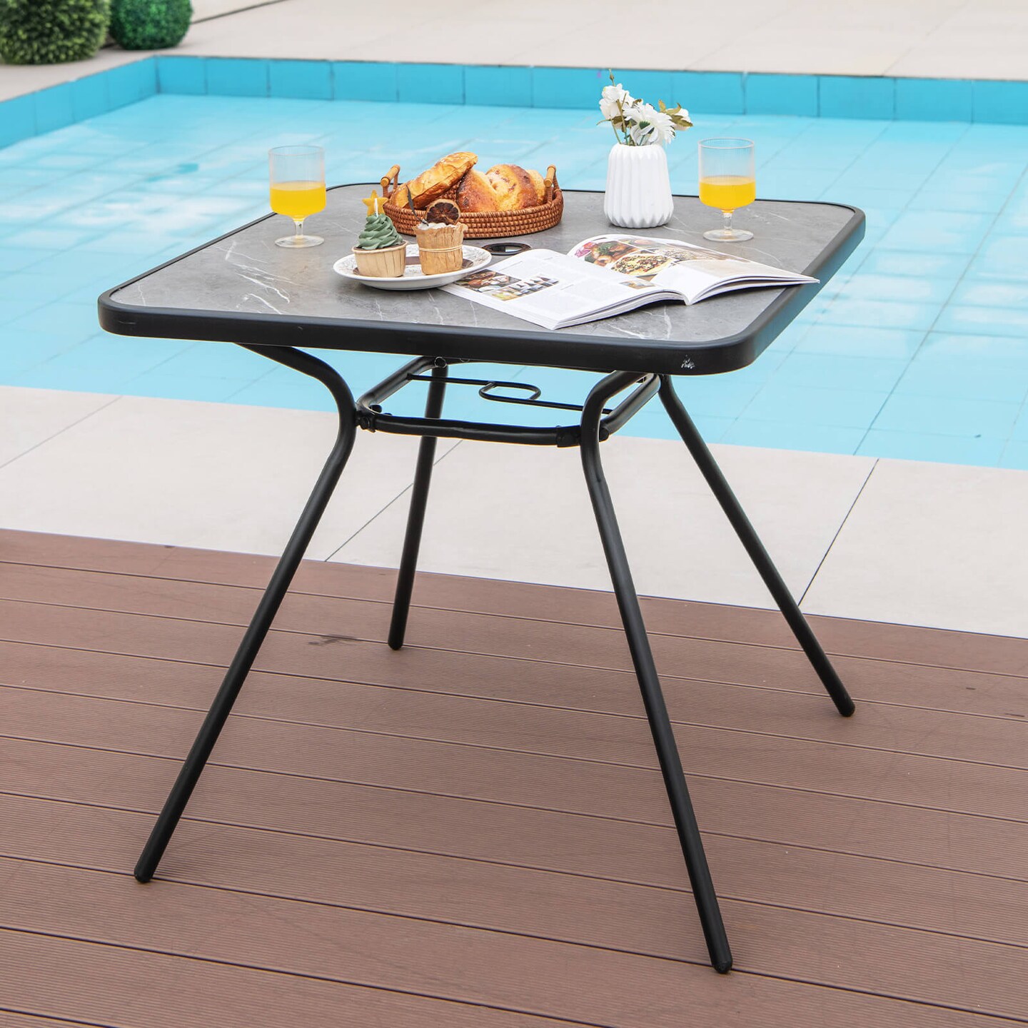 Costway Outdoor Dining Table 32'' x 32'' Patio Bistro Table with Umbrella Hole for 4 Persons