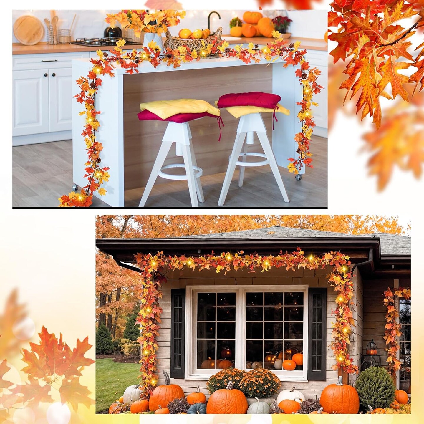 Autumn Garland Maple Leaves with 50 LED Artificial Sunflower Berry Vine