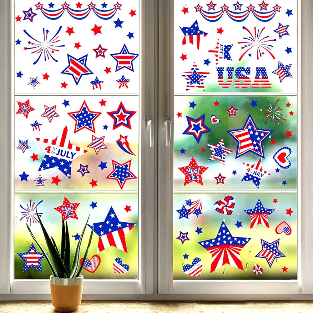 9 Sheets 4th of July Patriotic Stars Window Stickers Double-Sided Red White Blue