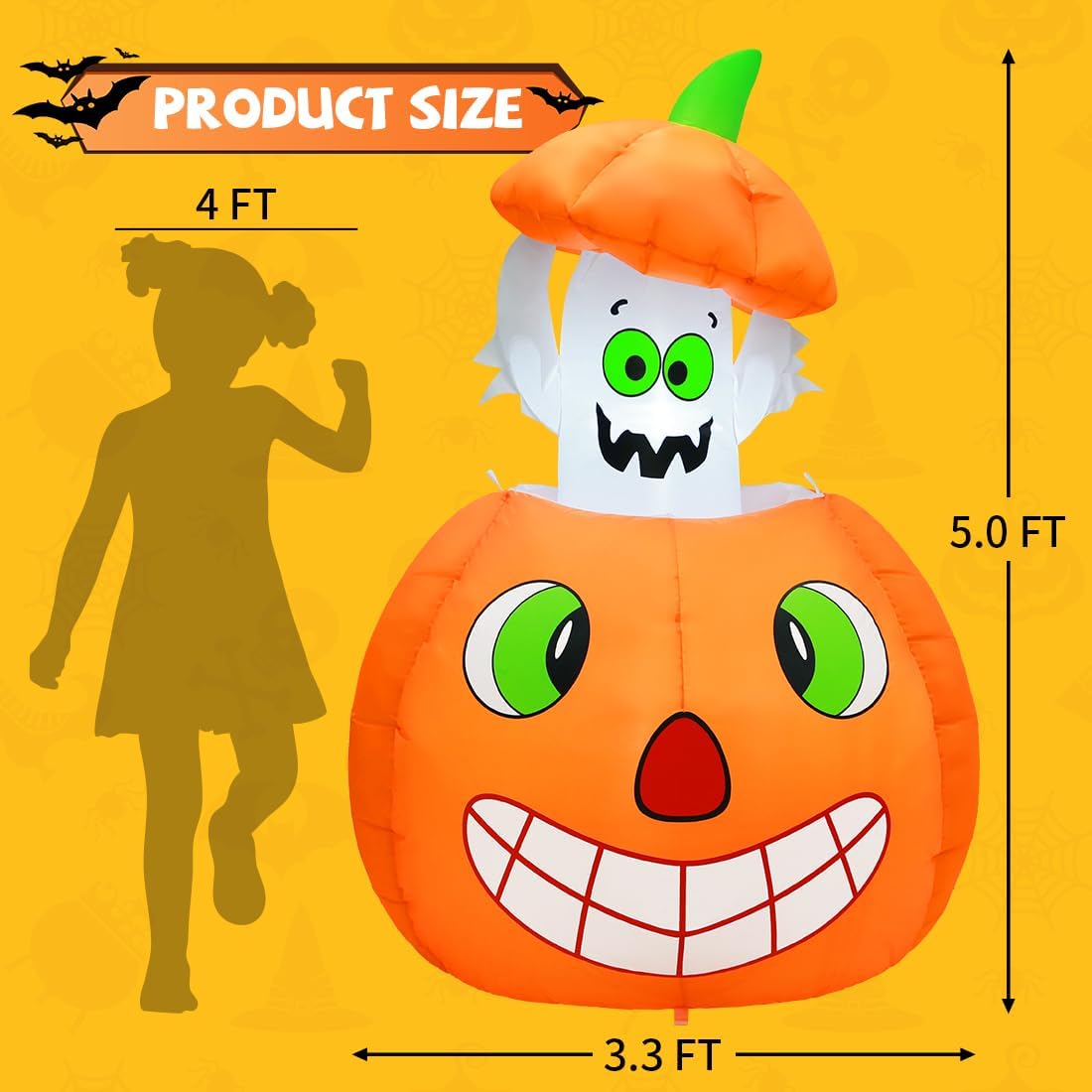 GOOSH 5 FT Halloween Inflatables Animated Pumpkin Ghost Blow Up with Built-in LEDs