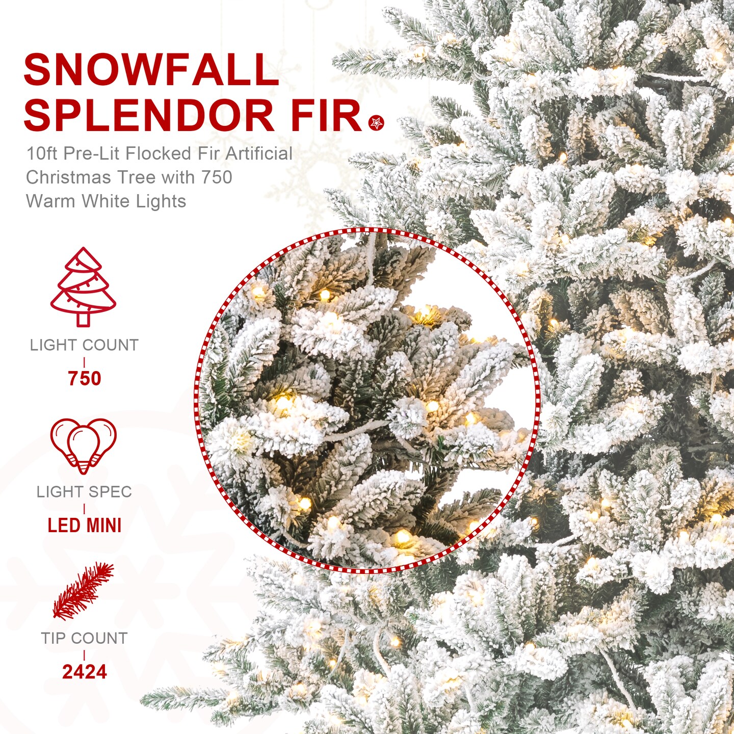 11FT/10FT Pre-Lit Full-size Flocked Fir Artificial Christmas Tree With Warm White Lights, With Remote Control