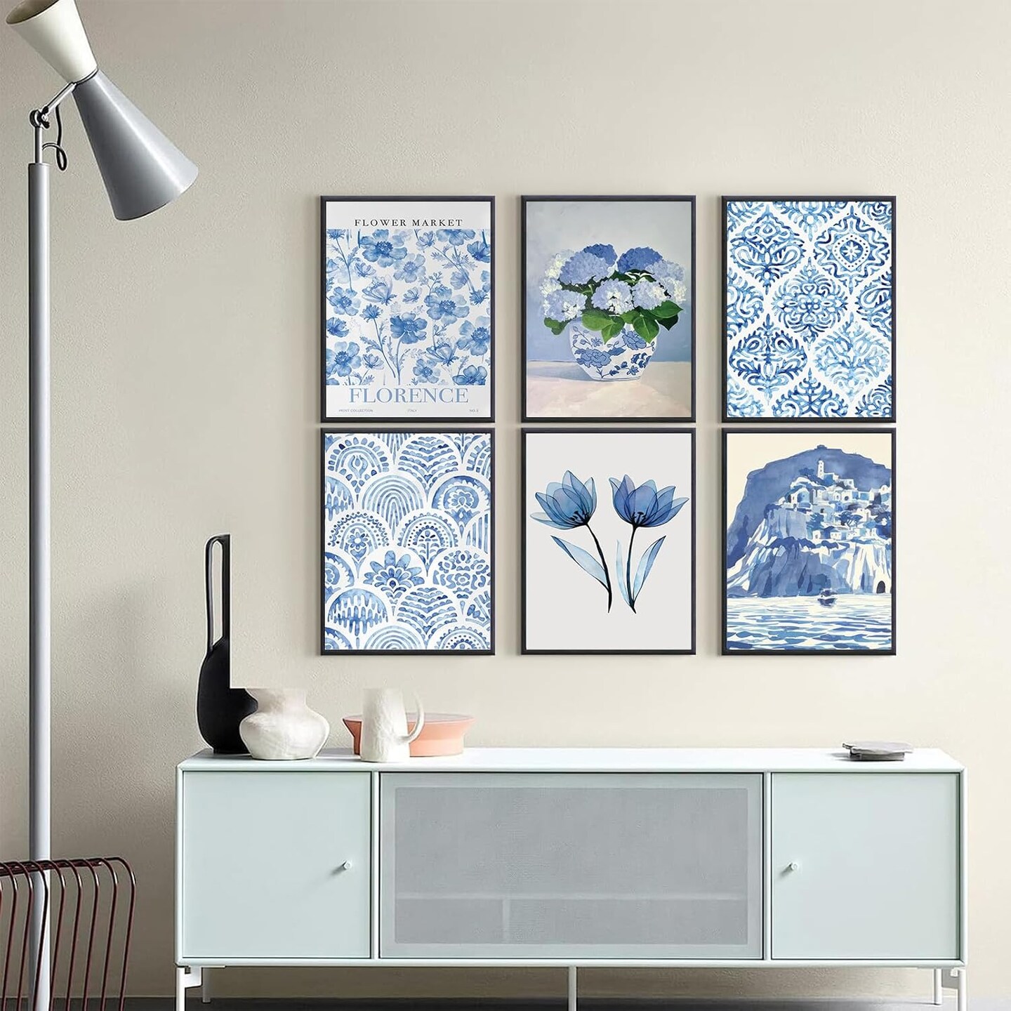 6Pcs Blue coastal Wall Art Flowers Aesthetic Wall Decor Pictures Trendy Minimalist Posters