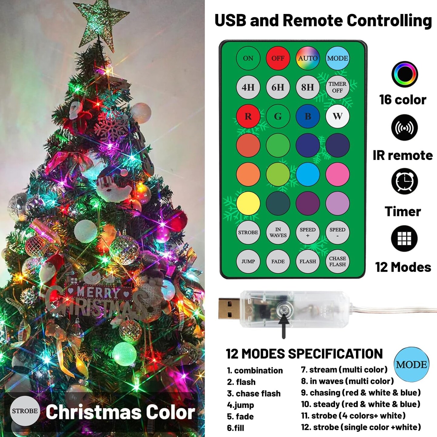 Color Changing Fairy String Lights, 33ft 100 LED Twinkle Lights