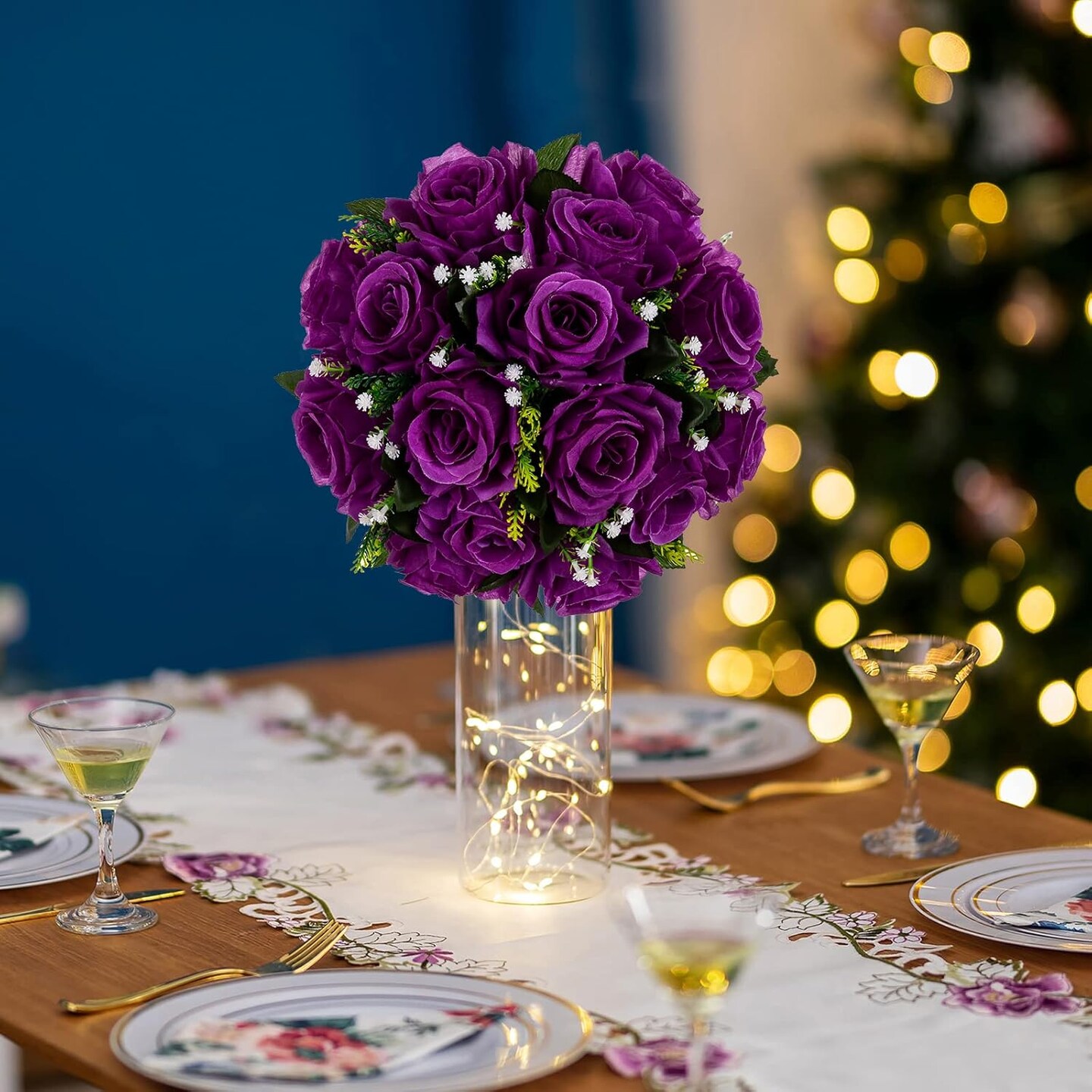 10pcs Purple Rose Flower Balls &#x2013; Artificial Wedding Centerpieces with Bases for DIY Decor (Purple)