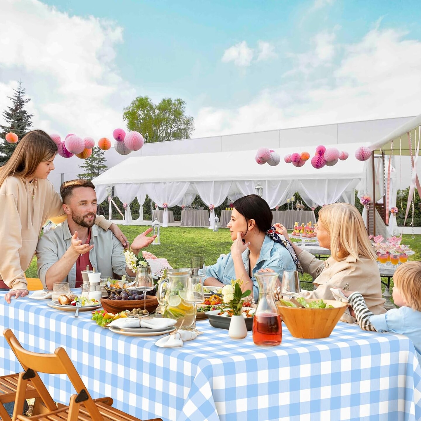 3 Pcs Light Blue Gingham Tablecloth