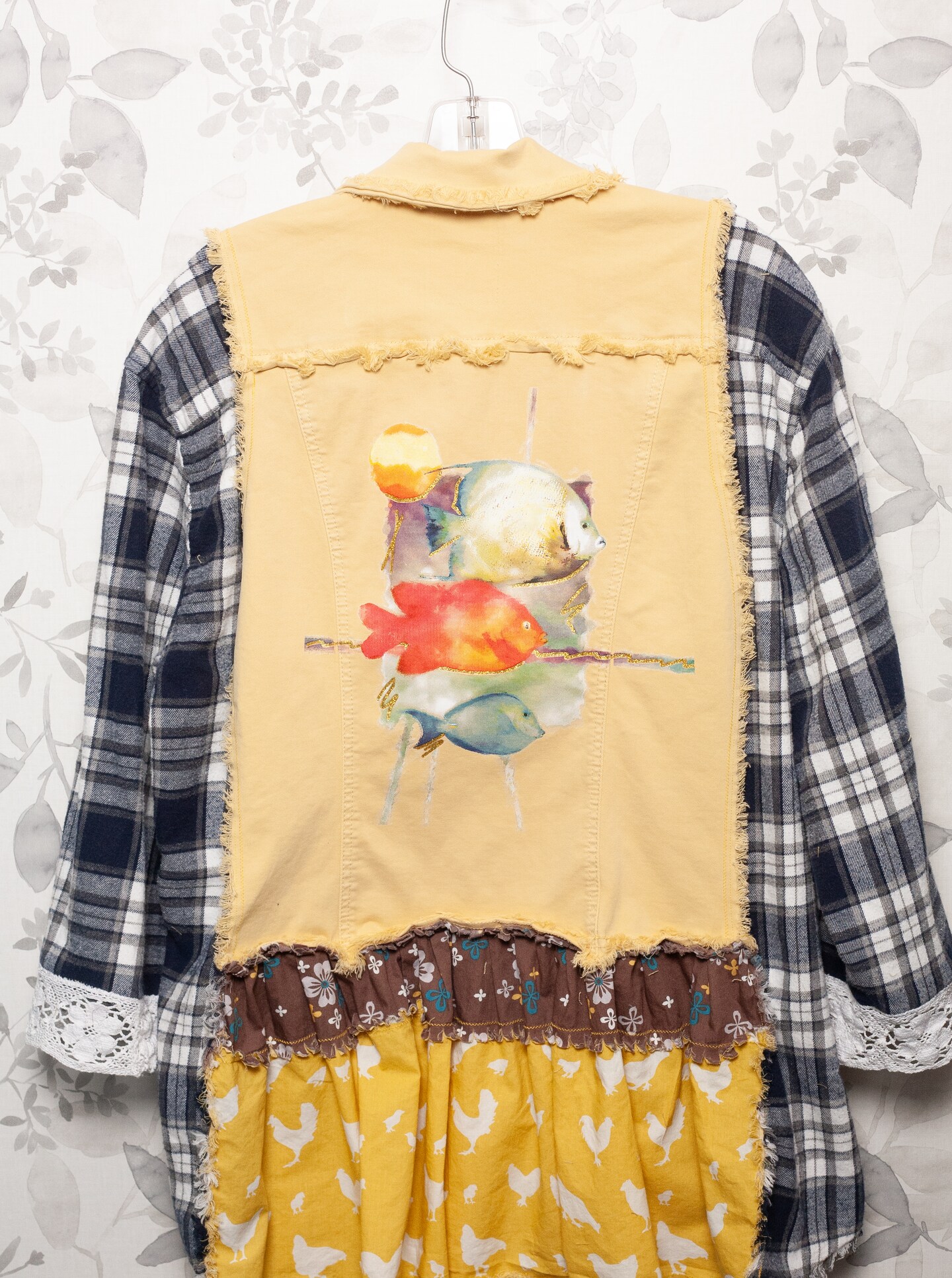 Yellow Fringed Jean Jacket and Flannel Shirt Upcycled Women's Fashion product 4