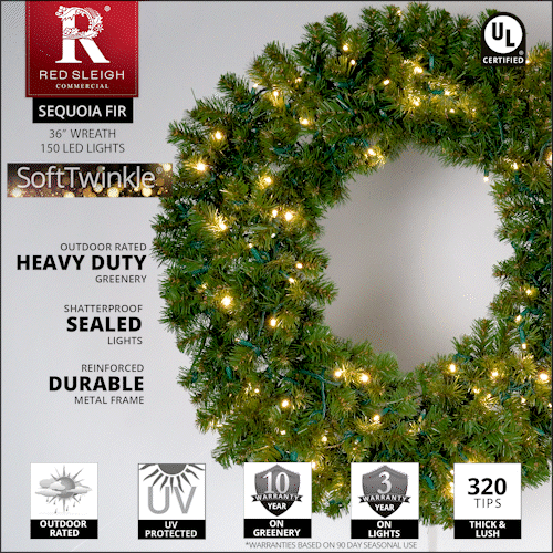 36" Pre-lit Commercial Sequoia Fir LED Christmas Wreath, 150 Warm White SoftTwinkle Lights