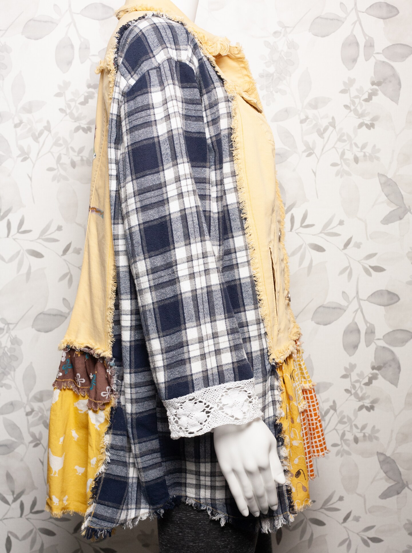 Yellow Fringed Jean Jacket and Flannel Shirt Upcycled Women's Fashion product 2