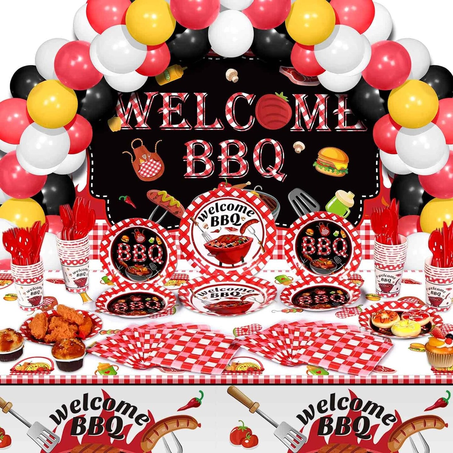 165 Pcs Summer BBQ Party Supplies Picnic Barbecue Decorations BBQ Background Cloth with Rope Picnic Plastic Tablecloth Barbecue Tableware Set