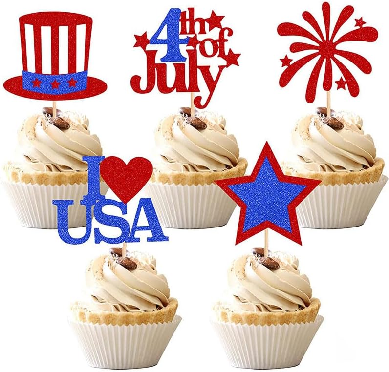 4th Of July Gillter Cupcake Toppers Decorations Patriotic Independence Day Party Supplies