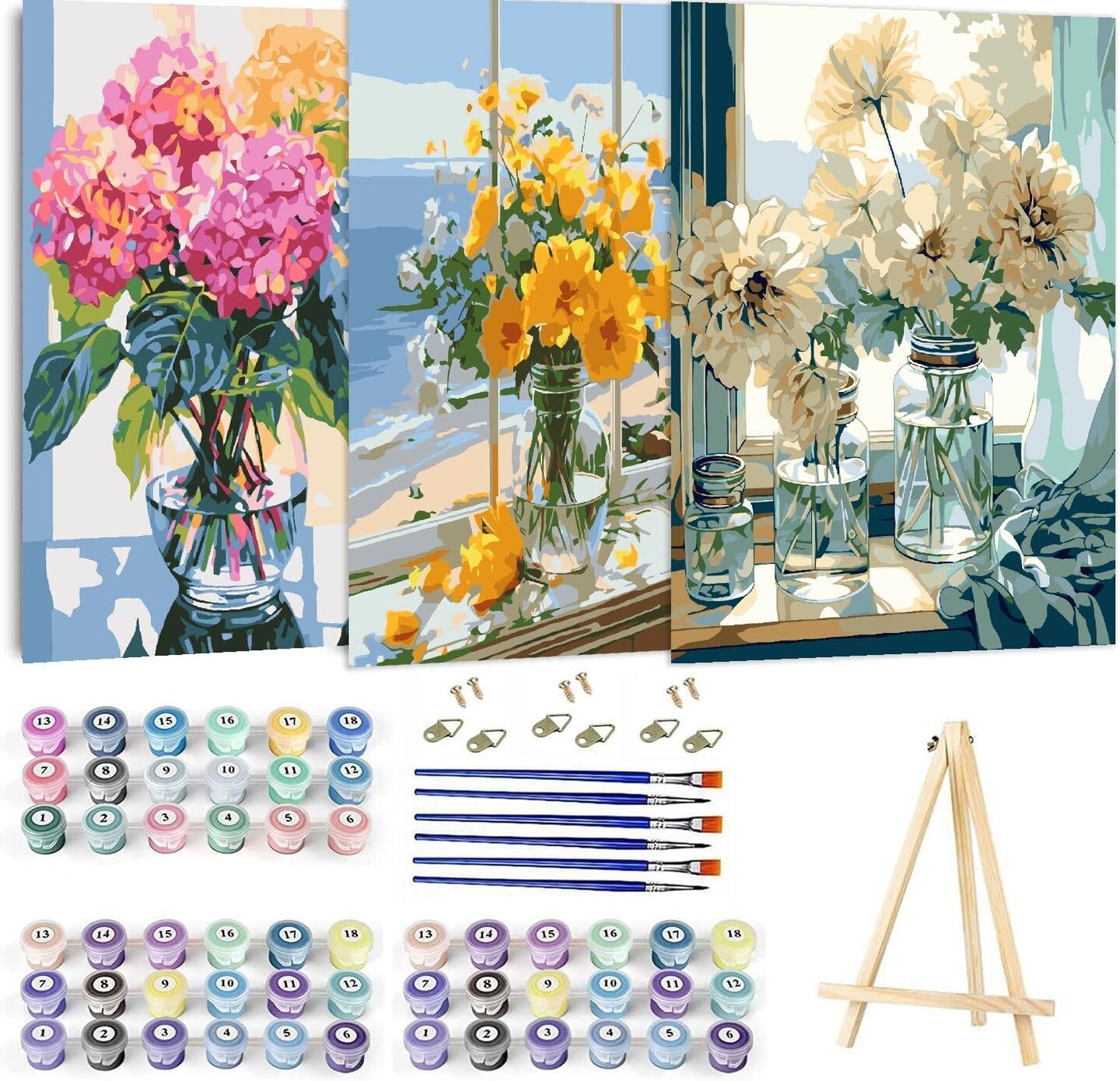 3 Pack with Wooden Easel,Paint by Numbers for Kids