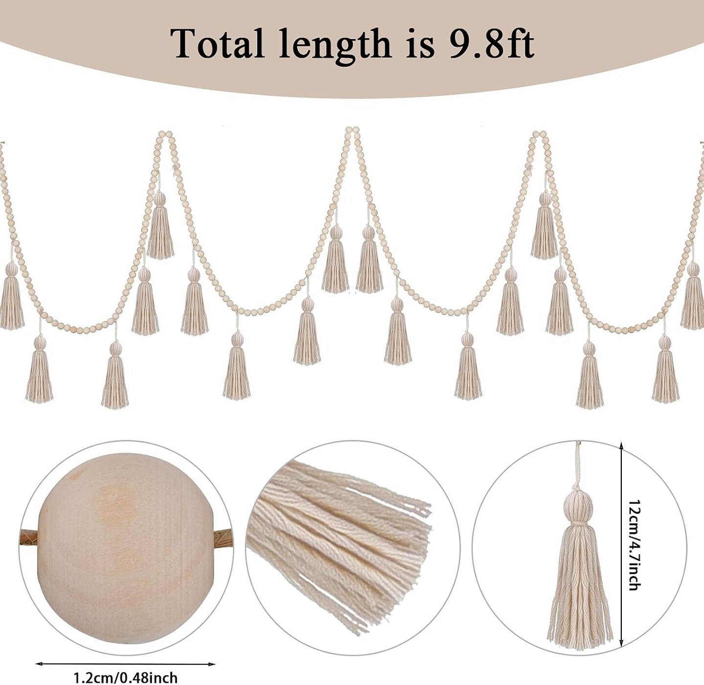 Boho Tassel Garland Decor Wooden Bead Garlands 9.8ft(Classic Color)