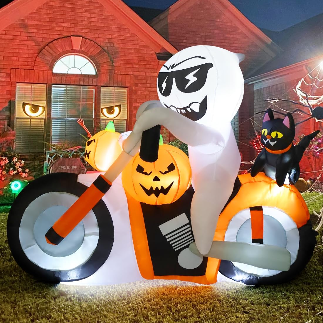 GOOSH 6 FT Halloween Inflatables Ghost Outdoor Blow Up Yard Pumpkin Cat Motorcycle