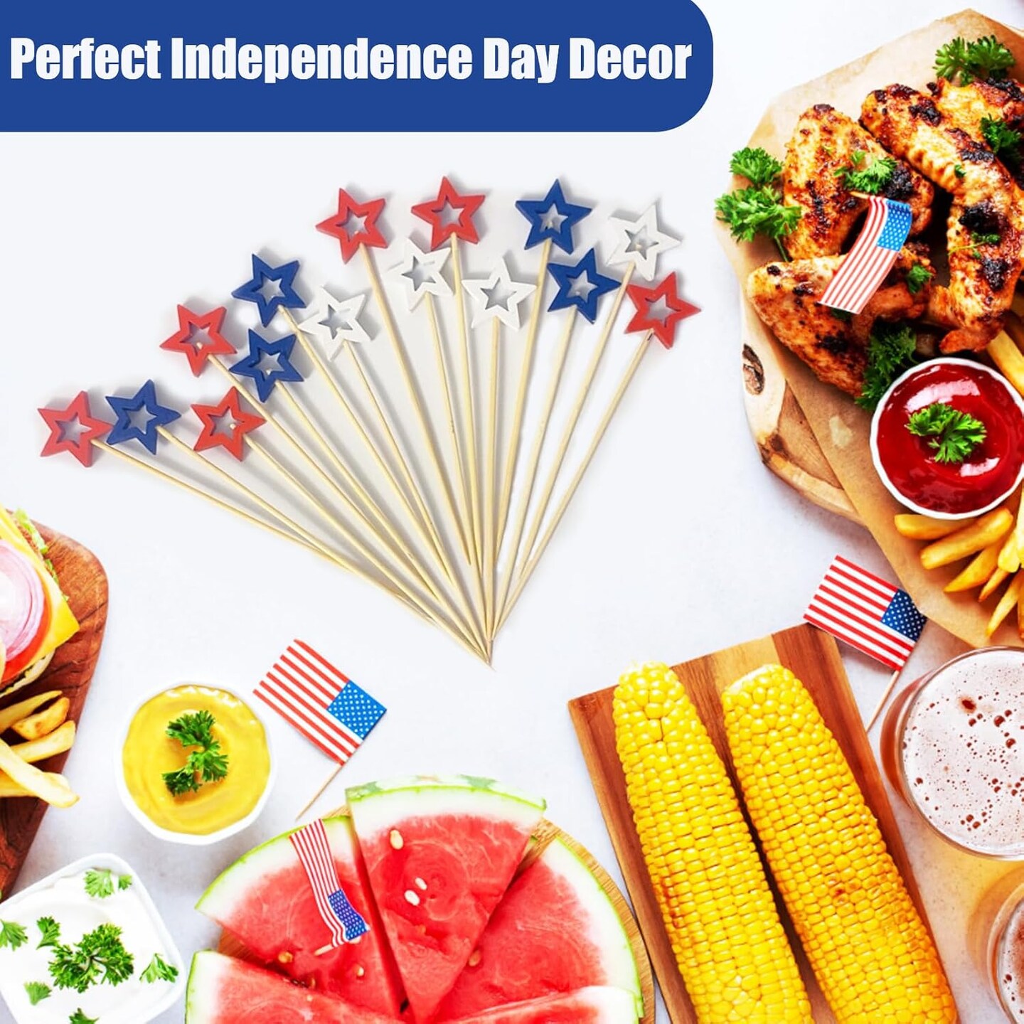 50 Pack Patriotic Star Cocktail Picks, Red White Blue Star Bamboo Toothpicks for Appetizers 4th of July Decor