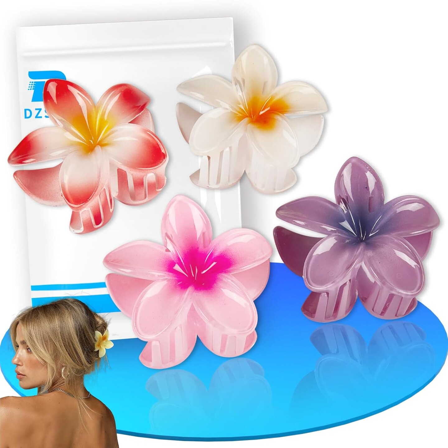 Flower Hair Claw Clips 4-Pack, Hawaiian Plumeria and Tropical Styles Hair Accessories