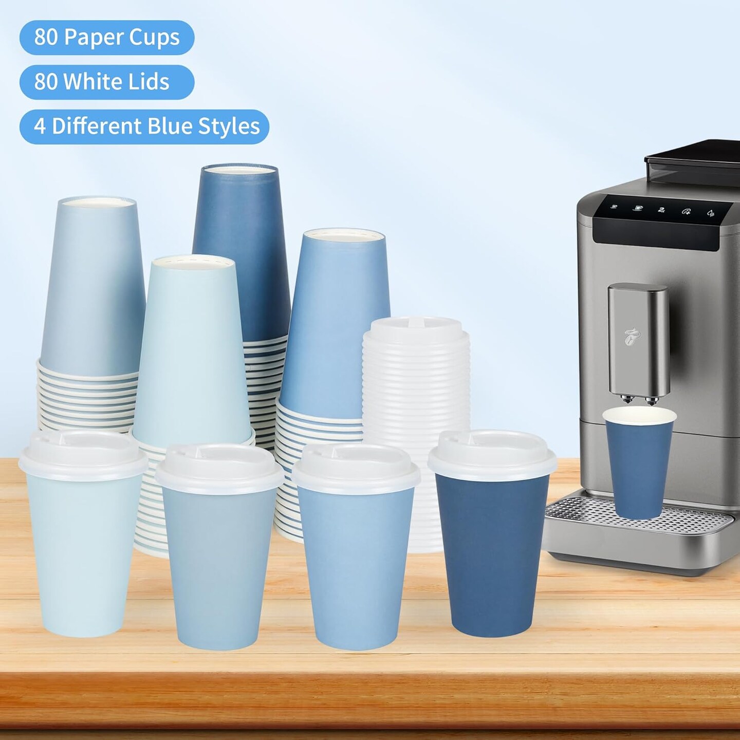 80 Pcs 12 oz Dusty Blue Disposable Coffee Cups with Lids Dusty Blue Gradient Party