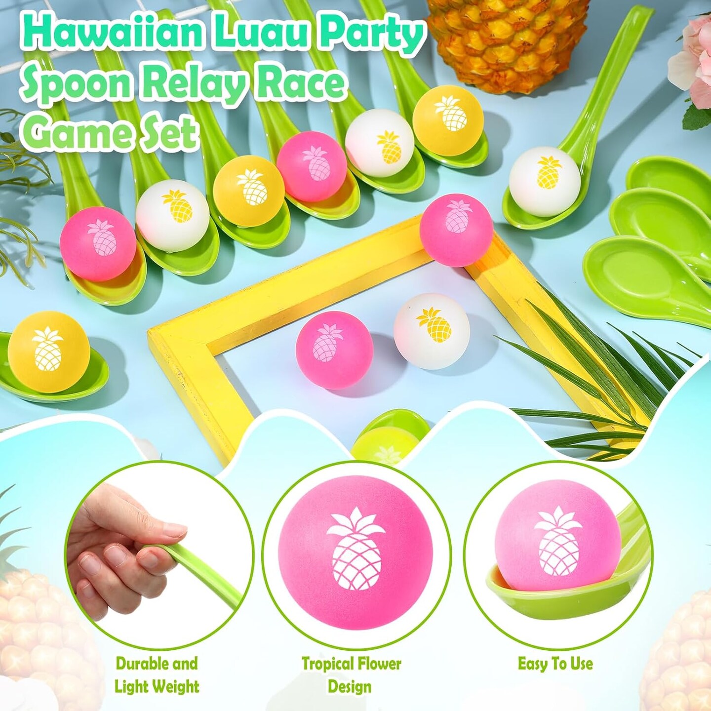 12 Pcs Luau Games Hawaiian Spoon Race Games Toy Set Luau Party Favors Tropical Summer Birthday Party Themed Ball and Spoon Race Game for Aloha Party Supplies(Green,Pineapple)