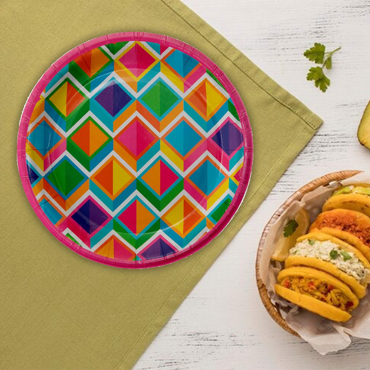 8 Ct. 7.25" Bright Geometric Dessert Plates Colorful Disposable Paper Party Plates