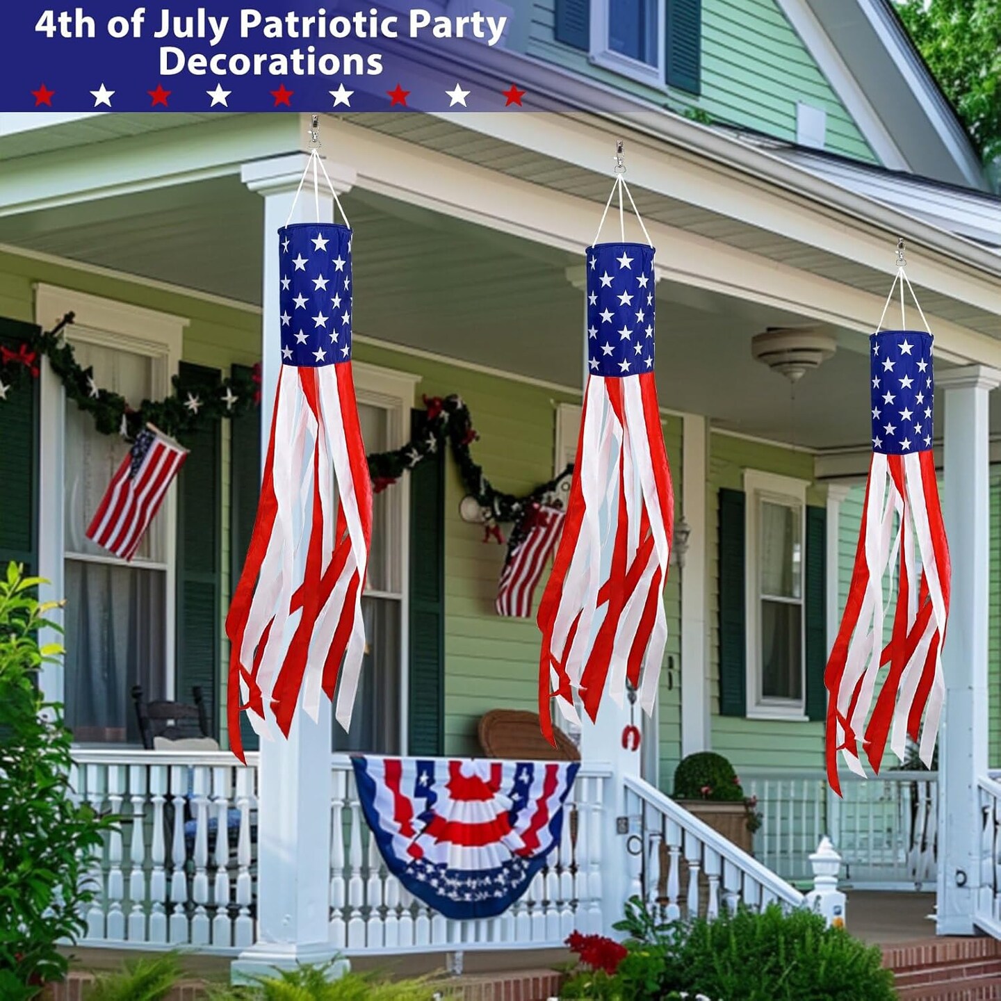 3 Pack 40" American Flag Windsock with Lights 4th of July Decorations