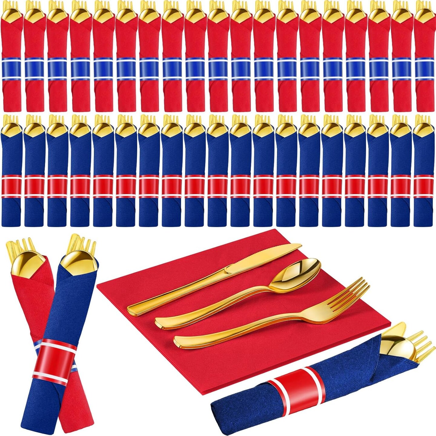 50 Pcs Pre-rolled July of 4th Plastic Silverware Set Gold Disposable Plastic Cutlery Set