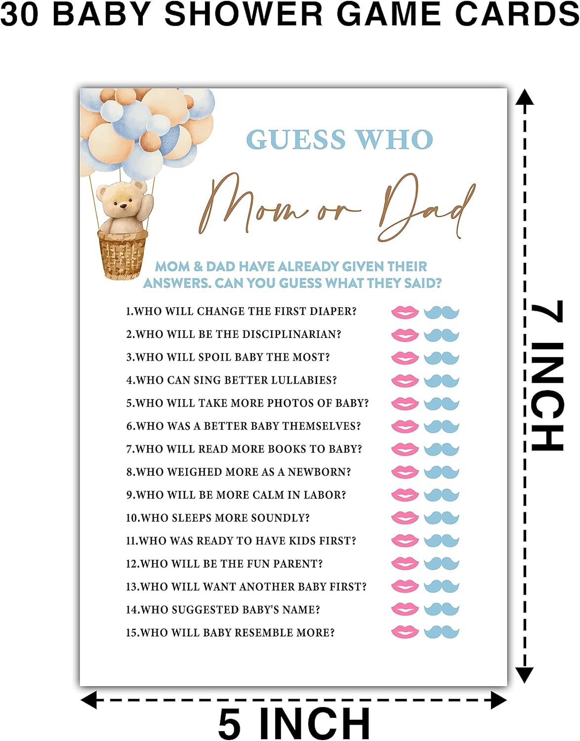 Bear Balloon 30 Guess Who Mom or Dad Game Cards, We Can Bearly Wait Gender Reveal Party Supplies Favors (5"x7") - E05