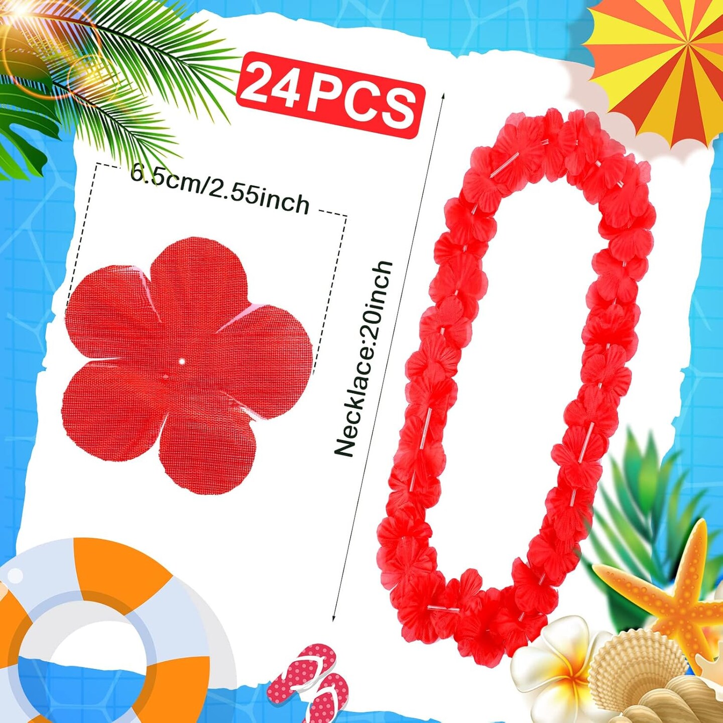 24 Counts Hawaiian Leis Necklace Tropical Flower Lei Floral Luau Party Decorations(Red)