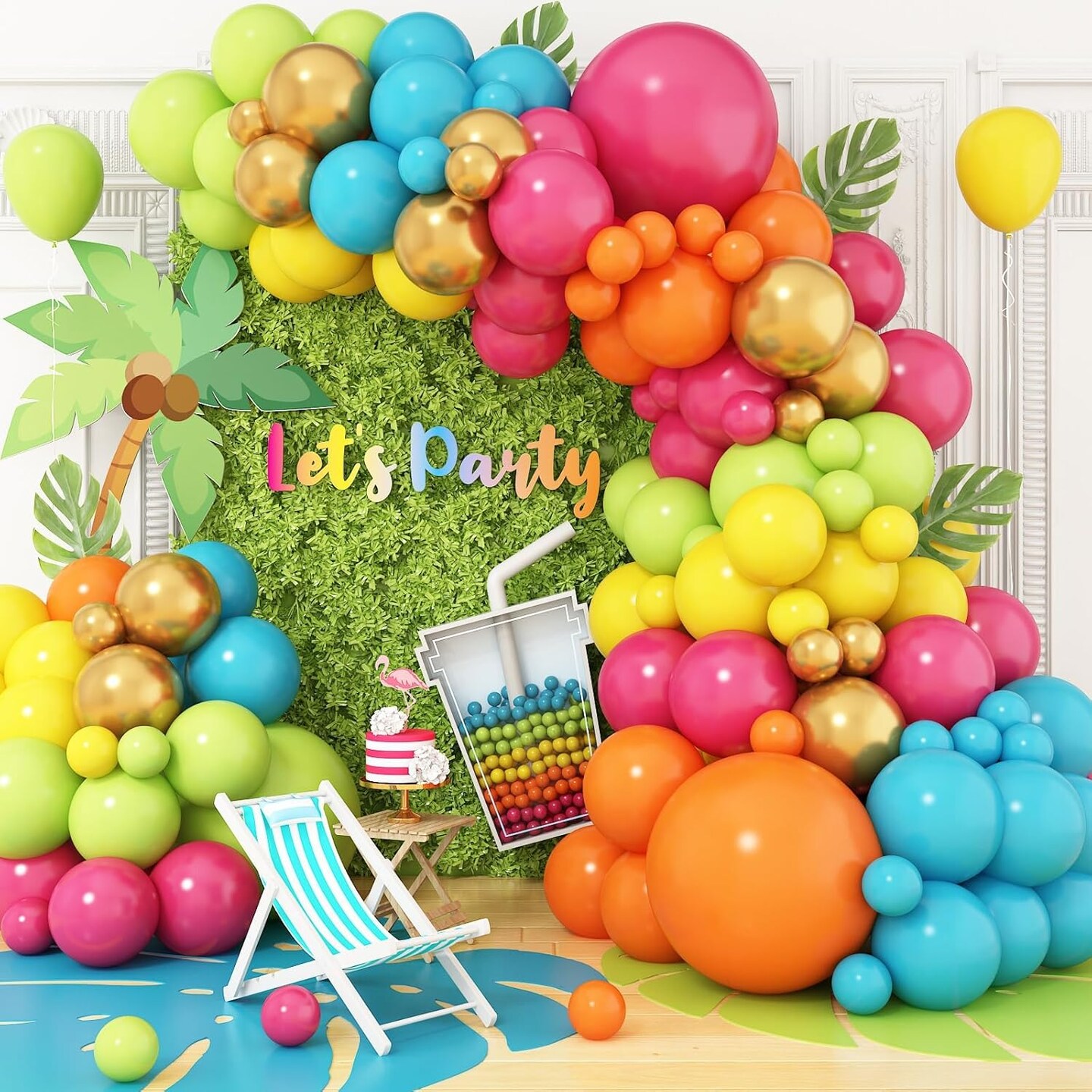 108 Pcs Hawaiian Latex Balloon Arch Kit (Pink Orange Green Yellow Teal)