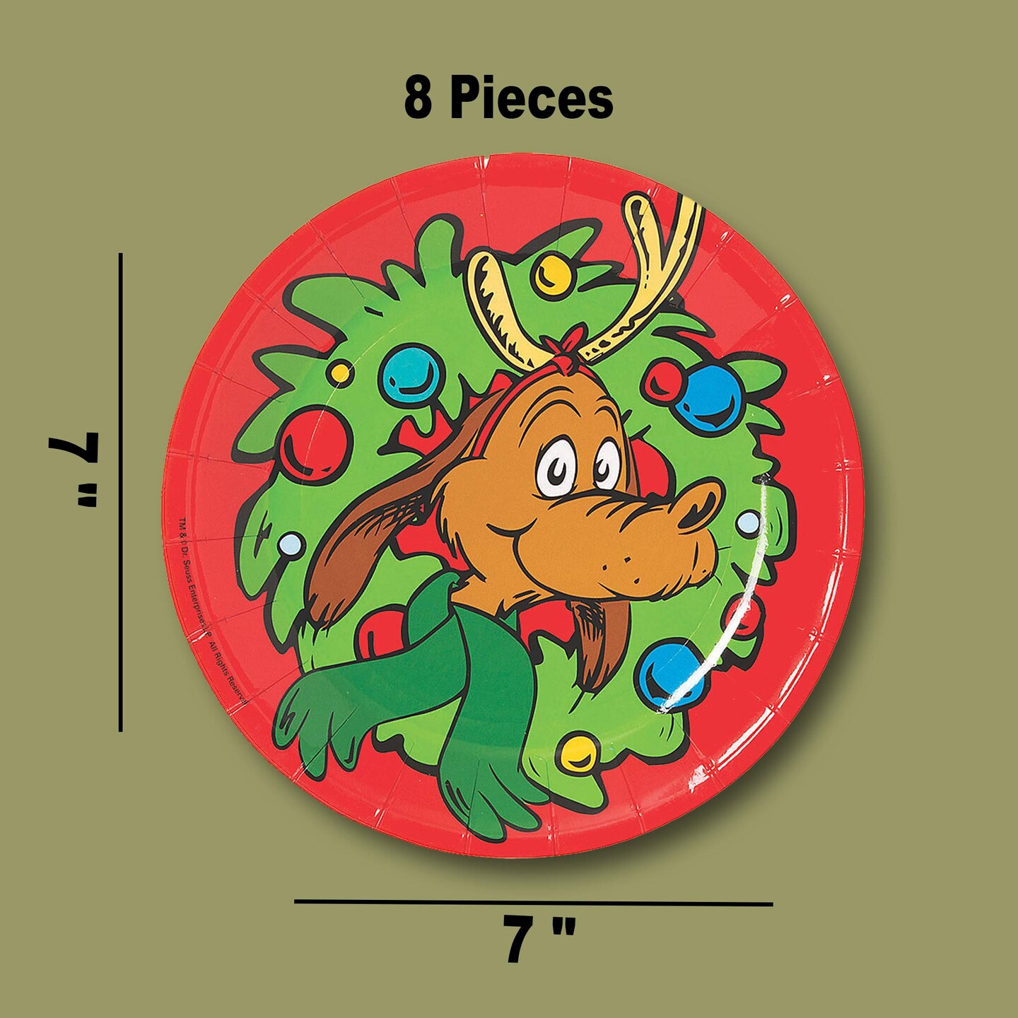8 Count 7&#x22; The Grinch Max Multicolor Disposable Paper Dessert Plates Festive Christmas Party Tableware