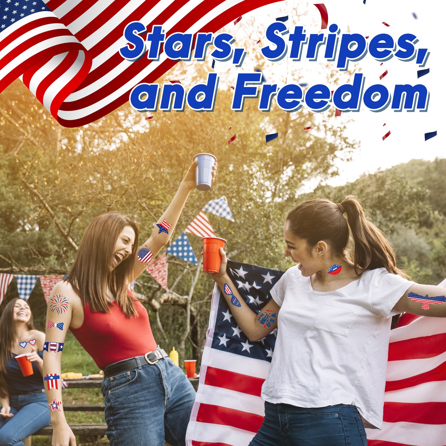 4E&#x2019;s Novelty Patriotic Temporary Tattoos 100 Pcs, 4th of July Tattoos for Kids, American Flag Temporary Tattoos, Waterproof Fake Tattoos for Independence Day Party Supplies, Memorial Day Decorations