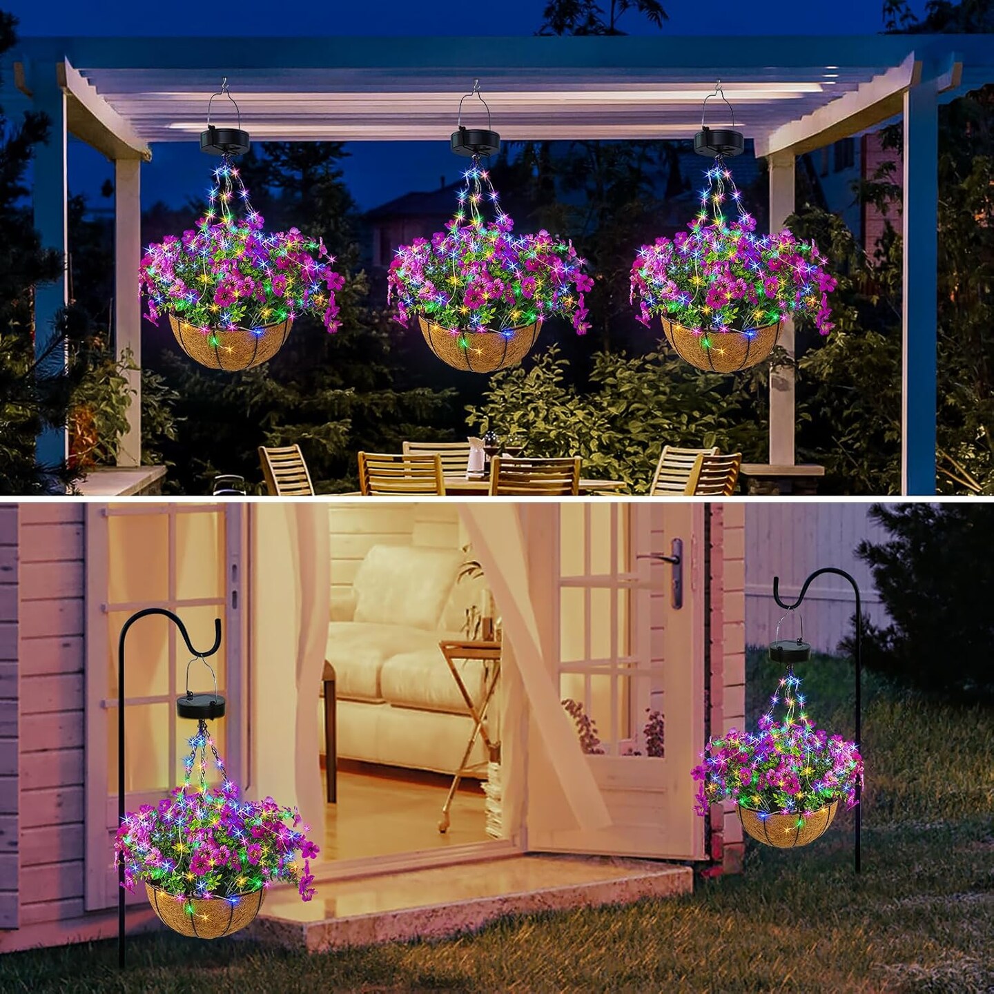 Solar Hanging Flower Basket – 10” UV-Resistant Faux Flowers with Solar Lights Garden Decor (Purple)