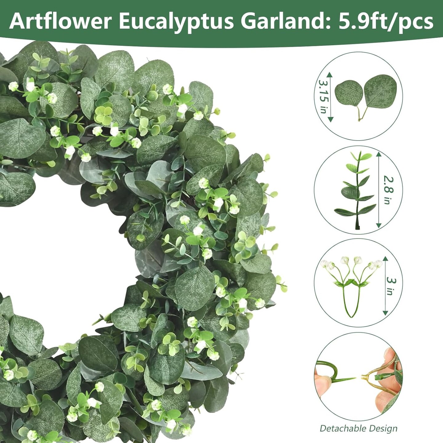 2 Pack Artificial Eucalyptus Garland with Flowers, 5.9ft/pcs Faux Silver Dollar (Grey Green With Flowers)
