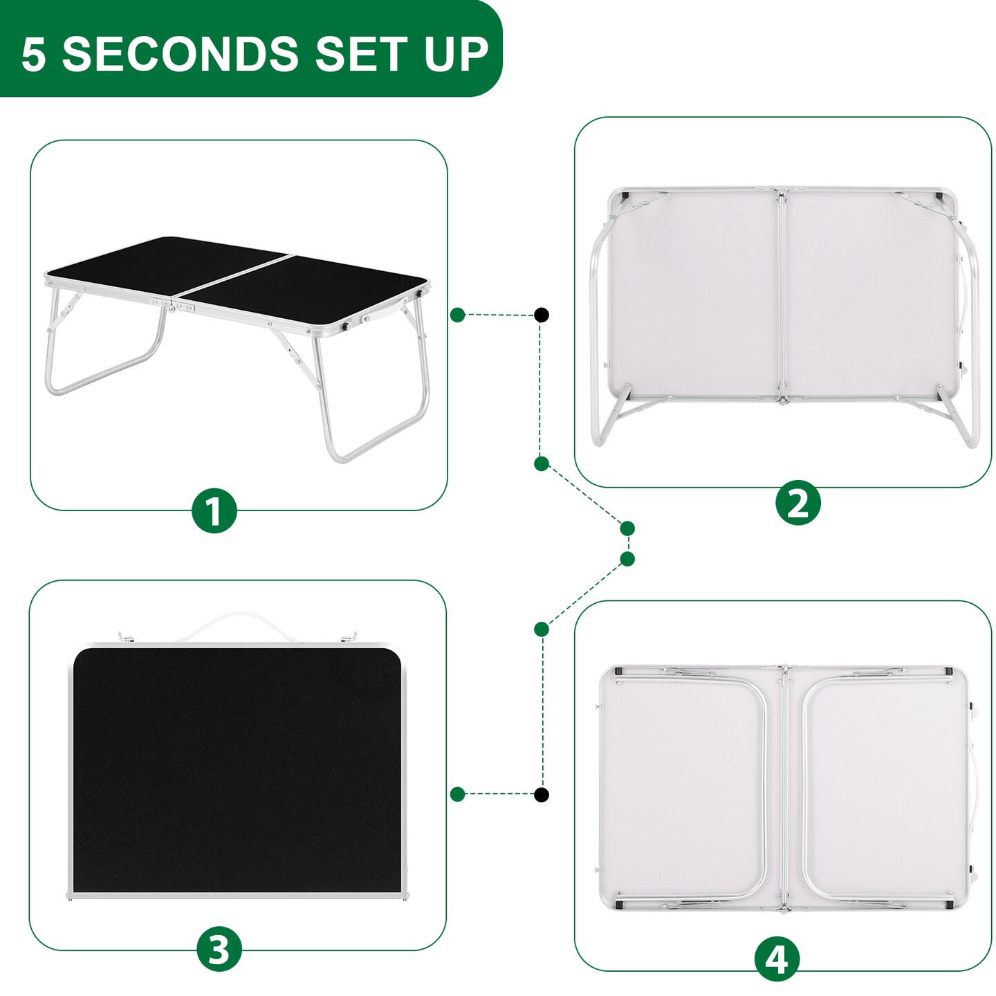 5-Second Setup Portable Aluminum Alloy Folding Table with Steady Lock, Heavy-Duty Reinforcement & Carrying Handle - 23.6" L x 15.7" W x 9.8" H