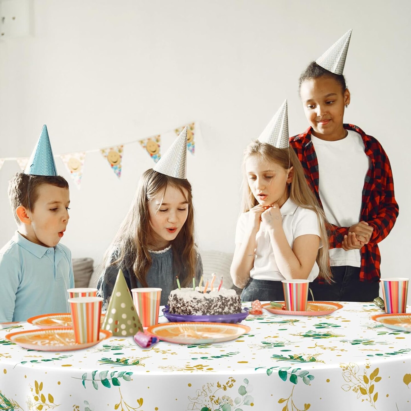 6 Pcs Eucalyptus Leaf Tablecloth 84 Inch Luau Hawaii Green Disposable Plant Plastic Round Table Cover