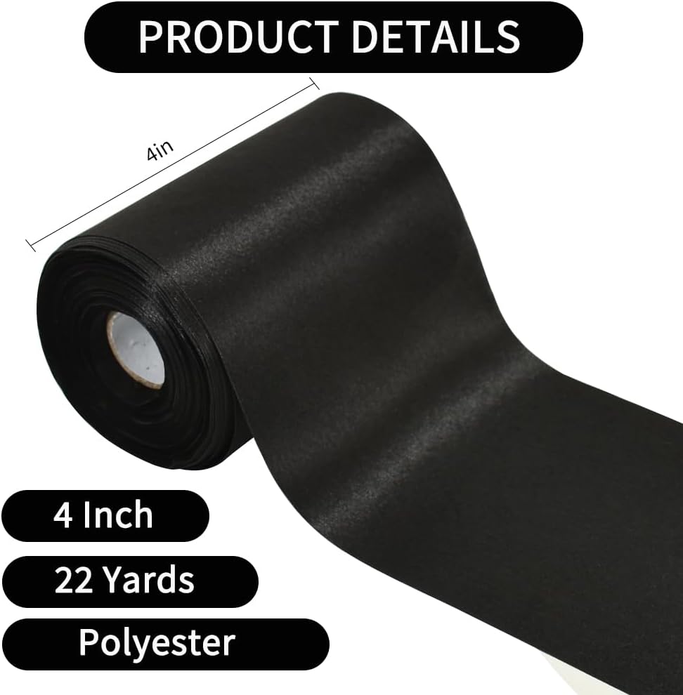 4 Inch Wide Black Solid Satin Ribbon 22yd Fabric Large Ribbon