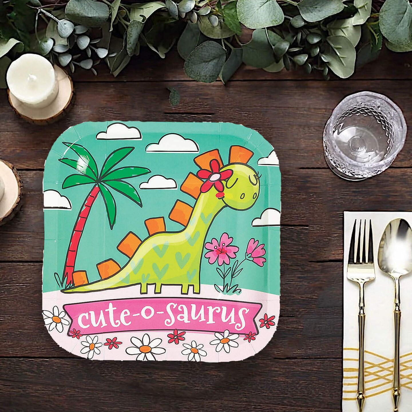 8 Count Girl Dinosaur Party Cute-O-Saurus Square Paper Dessert Plates 6.5" Birthday Plates