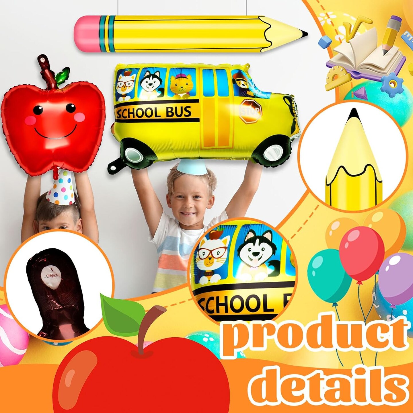 8 Pcs Back to School Balloon Sets Include Pencil Balloons Schoolbag Balloon The Apples Balloons for Back to School Decorations